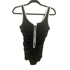 Delimira Black One-Piece Swimsuit with White Trim Zippered Front Size 8/10